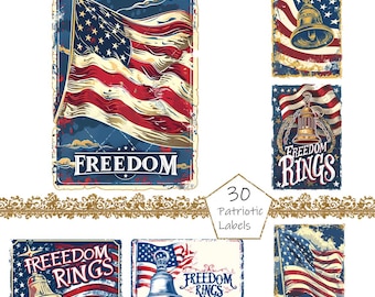 Etiquetas prediseñadas vintage del 4 de julio, 30 imágenes PNG patrióticas, uso comercial, paquete PNG del 4 de julio, imágenes prediseñadas del Día de la Independencia, bandera de EE. UU.