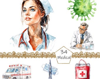 Clipart Médico em Aquarela, 34 PNG clipart de saúde, Uso Comercial, Pacote de Clipart de Enfermeira png, Clipart de Médico, Clipart de Hospital png