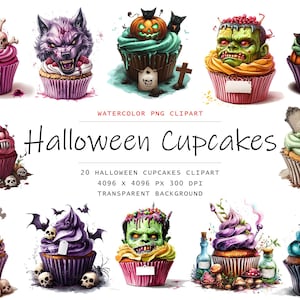 Aquarell Halloween Cupcakes Clipart, 20 PNG Halloween Cupcakes Clip Art, kommerzielle Nutzung, Halloween Cliparts png Bundle, Gruselige Desserts png