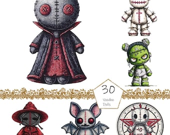 Voodoo Dolls Clipart, 30 PNG Voodoo Dolls clip art, Commercial Use, Watercolour Halloween Clipart png Bundle, Scary Gothic Clipart png