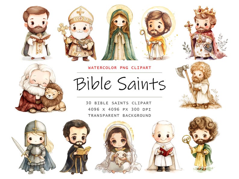 Puede incluir: Conjunto de clipart de acuarela de 30 santos b&iacute;blicos, con personajes como San Nicol&aacute;s, San Pedro y Santa Mar&iacute;a. Las ilustraciones son de estilo de dibujos animados con una est&eacute;tica suave y acuarela. Las im&aacute;genes tienen un fondo transparente.