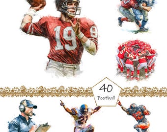 Akvarell fotboll Clipart, 40 PNG amerikansk fotboll clipart, kommersiellt bruk, rugby clipart png paket, sport png, fotbollshjälm png
