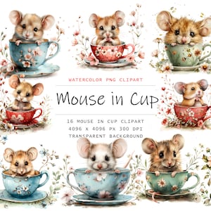 Watercolor Mouse in a cup Clipart, 16 PNG Mouse clip art, Watercolor Baby Mouse Clipart png Bundle, Digital Download, Flowers Mouse clipart