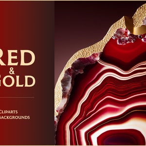 May include: Red and gold agate slice with a textured gold rim. The agate has a swirling pattern of red, white, and gold.