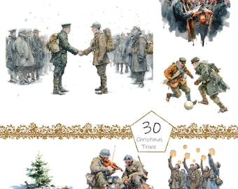 May include: Watercolor illustrations depicting scenes of the Christmas Truce during World War I. Soldiers in various uniforms are shown shaking hands, playing soccer, and sharing lanterns. A small Christmas tree and the text "30 Christmas Truce" are also visible.