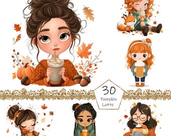 May include: A collection of cartoon illustrations featuring girls with fall-themed elements. The images include girls holding pumpkin spice lattes, surrounded by autumn leaves, pumpkins, and acorns. The text "30 Pumpkin Latte" is also present.