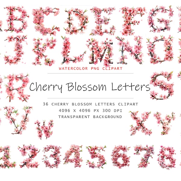 Watercolor Cherry Blossom Alphabet Clipart, Cherry Blossom Alphabet, Cherry Blossom clipart, digital, commercial use, Cherry Blossom PNG