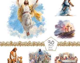 May include: A collection of watercolor illustrations depicting scenes from the Bible, including Jesus ascending, carrying the cross, and the Last Supper. The images feature soft colors and a serene atmosphere, with the text "30 Biblical Jesus Easter".