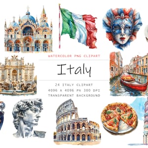 Aquarel Italië clipart, 24 PNG illustraties van het oude Italië, Italiaanse monumenten clipart png bundel, Rome clipart, aquarel reizen clipart, pizza
