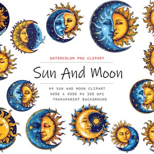 太陽と月のクリップアート、天体クリップアート バンドル、水彩太陽クリップアート、月クリップアート、イラスト、商用ライセンス、デジタル ダウンロード
