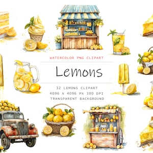 Aquarell Zitronen Clipart PNG, Aquarell Sublimationszitronen Clipart, Zitronen Bundle Illustrationen, kommerzielle Lizenz, süße Limonade Grafik