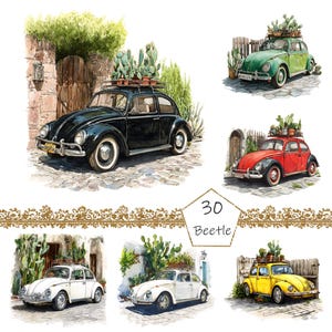Watercolor Overgrown Vintage Beetle Car Clipart, 30 PNG Classic Car clipart, Commercial Use, Vintage Car Clipart png Bundle, Hippie Car png