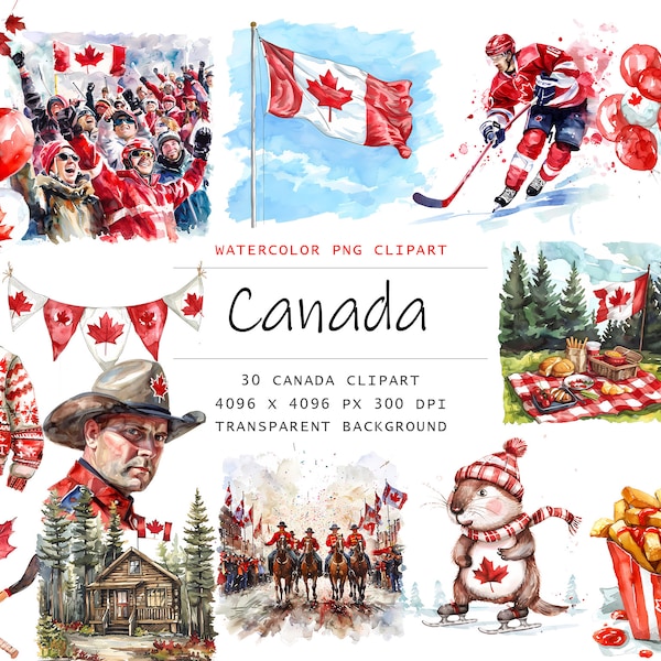 Watercolor Canada Day Clipart, 30 PNG Canada Day clip art, Commercial Use, Canada Clipart png Bundle, Digital Art,Canada Day Sublimation