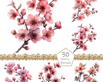 Watercolor Cherry Blossom Clipart, 30 PNG Cherry Blossom clip art, Commercial Use, Cherry Blossom Clipart Bundle, Digital Cherry Blossom Art