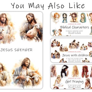 Puede incluir: Un collage digital de ilustraciones de acuarela que representan a Jes&uacute;s como pastor con ovejas, Jes&uacute;s con ni&ntilde;os y ni&ntilde;as rezando. Las ilustraciones est&aacute;n en una paleta de colores suaves y pastel y tienen un estilo caprichoso e infantil. El texto "You May Also Like" aparece en la parte superior de la imagen.