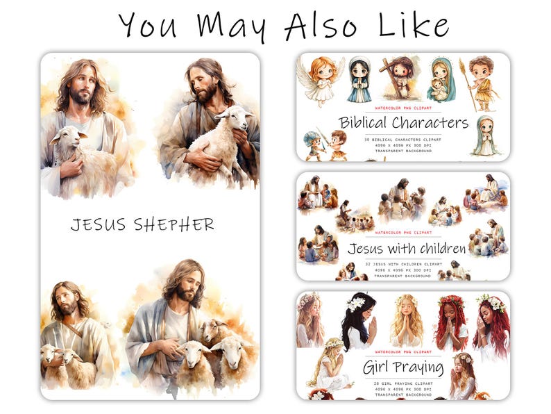 Puede incluir: Un collage digital de ilustraciones de acuarela que representan a Jes&uacute;s como pastor con ovejas, Jes&uacute;s con ni&ntilde;os y ni&ntilde;as rezando. Las ilustraciones est&aacute;n en una paleta de colores suaves y pastel y tienen un estilo caprichoso e infantil. El texto "You May Also Like" aparece en la parte superior de la imagen.