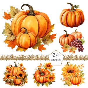 Watercolor Pumpkin Clipart - autumn watercolor in PNG format instant download for commercial use