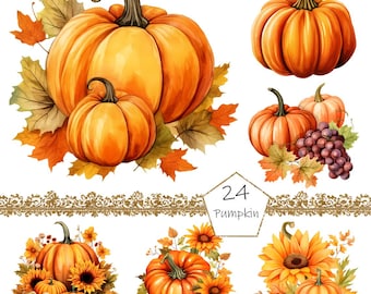 Watercolor Pumpkin Clipart - autumn watercolor in PNG format instant download for commercial use