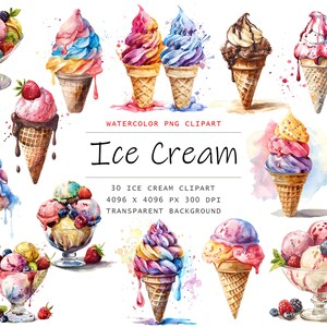 Aquarell Eis Clipart, 30 PNG Sommer Leckereien Clip Art, Süßes Dessert Clipart Png Bundle, Erdbeereis Clipart, digitaler Download
