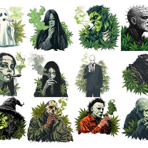 Puede incluir: Una serie de ilustraciones que representan personajes, como un fantasma y una bruja, cada uno fumando un cigarrillo liado. Los personajes est&aacute;n rodeados de hojas verdes de cannabis, con humo saliendo de los cigarrillos. Estilo de dibujos animados.