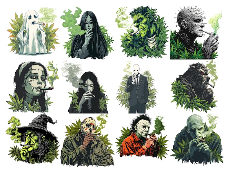 Puede incluir: Una serie de ilustraciones que representan personajes, como un fantasma y una bruja, cada uno fumando un cigarrillo liado. Los personajes est&aacute;n rodeados de hojas verdes de cannabis, con humo saliendo de los cigarrillos. Estilo de dibujos animados.