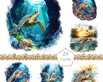 Clipart di tartarughe acquerellate, 25 clipart di animali dell'oceano in formato PNG, uso commerciale, pacchetto di clipart di tartarughe marine in formato PNG, clipart di animali dell'oceano in formato PNG