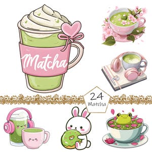 May include: A collection of matcha-themed illustrations. One image features a matcha drink with whipped cream and a pink heart. Other images include matcha in cups, a bunny with a donut, and a frog in a cup. The word "Matcha" is visible.