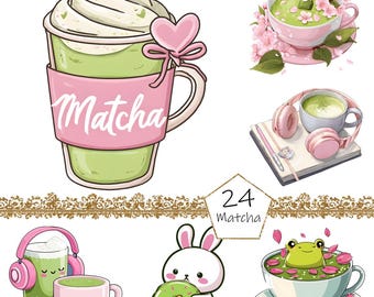 May include: A collection of matcha-themed illustrations. One image features a matcha drink with whipped cream and a pink heart. Other images include matcha in cups, a bunny with a donut, and a frog in a cup. The word "Matcha" is visible.