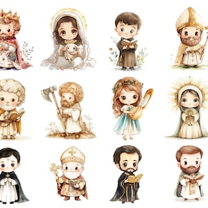 Puede incluir: Una ilustraci&oacute;n digital de 10 figuras religiosas diferentes. Las figuras est&aacute;n representadas en un estilo de dibujos animados con texturas como de acuarela. Las figuras incluyen un rey, una mujer sosteniendo un cordero, un hombre con barba, una mujer con un halo, un hombre con una espada, una mujer con un arpa, un hombre con un libro, un hombre con un bast&oacute;n, un hombre con una corona y un hombre con barba.