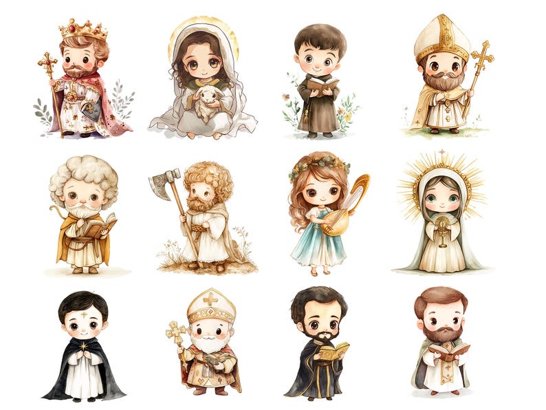 Puede incluir: Una ilustraci&oacute;n digital de 10 figuras religiosas diferentes. Las figuras est&aacute;n representadas en un estilo de dibujos animados con texturas como de acuarela. Las figuras incluyen un rey, una mujer sosteniendo un cordero, un hombre con barba, una mujer con un halo, un hombre con una espada, una mujer con un arpa, un hombre con un libro, un hombre con un bast&oacute;n, un hombre con una corona y un hombre con barba.