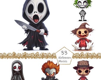 Imágenes prediseñadas de películas de Halloween, 33 imágenes prediseñadas de personajes de Halloween lindos PNG, paquete de imágenes prediseñadas de personajes de Halloween lindos en acuarela, dibujos animados espeluznantes lindos
