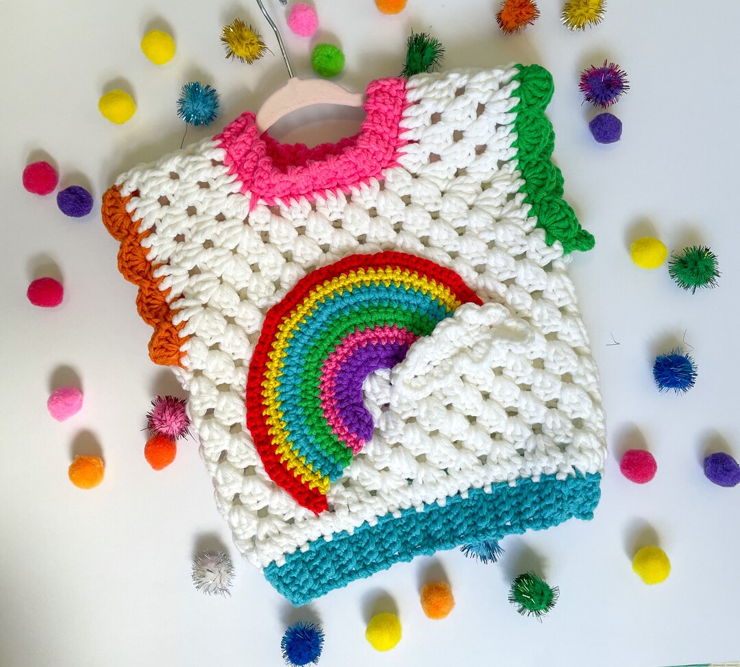 Rainbow Bright Childs Sweater Vest, Rainbow Vest, Crocheted Rainbow