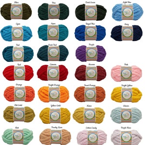 May include: A collection of 36 skeins of chunky yarn in various colors, including black, white, cream, tan, caramel, brown, green, action green, olive, pine, dark green, light blue, cyan, aqua, royal blue, navy, teal, dark teal, purple, red, crimson, maroon, pink, orange, bright orange, burnt orange, bright yellow, old gold, yellow gold, maize, glacier, mint, peachy keen, cotton candy, and purple haze.