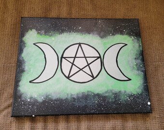 14x11in Triple Moon Goddess With Pentacle Painting. Acrylic on Canvas Green Silver