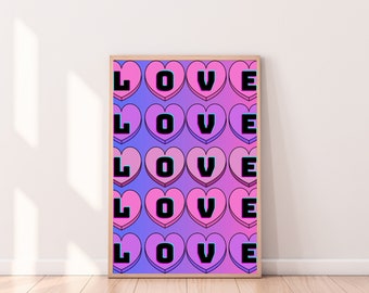 LOVE Pink and Purple Hearts | Digital Wall Art | Valentines Decor | Valentines Day | Heart Wall Art | Digital Downloads