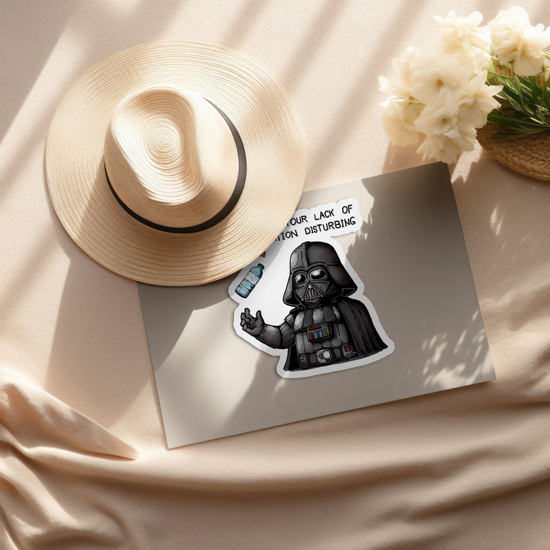 May include: A black and white illustration of Darth Vader holding a plastic water bottle. The text "Your lack of donation is disturbing" is above him.