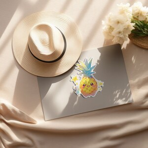 May include: A cute cartoon pineapple with a smiling face and sparkling stars around it. The pineapple is yellow and has a green leafy top. The background is a light brown surface.