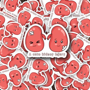 Peut inclure: Une feuille d'autocollants représentant une illustration de deux reins rouges en dessin animé avec des bandages. Les reins ont des visages mignons et le texte "A cute kidney injury" est imprimé sur les autocollants.