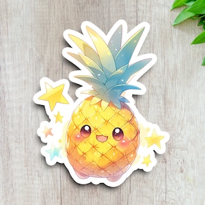 May include: A cute cartoon pineapple with a smiling face and a yellow and green pineapple design. The pineapple is surrounded by small yellow stars.