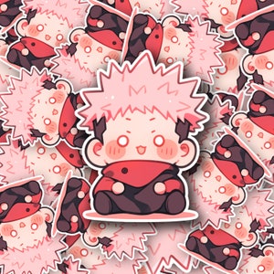 May include: A pink and red cartoon character with spiky hair and a big smile. The character is wearing a red shirt and black pants. The character is surrounded by other cartoon characters.