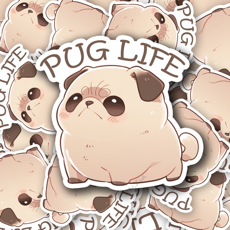 May include: A set of stickers featuring cartoon pugs with the text "Pug Life". The stickers are white with black outlines and feature different poses of pugs.