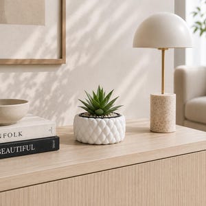 May include: A white ceramic planter with a quilted texture containing a green succulent plant, positioned next to a table lamp with a dome shade, a beige bowl, and two books titled Kinfolk and Live Beautiful on a light wood surface.