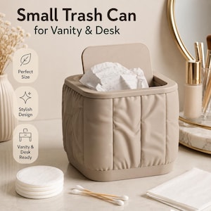 Quilted Vanity Trash Can, Small Bathroom Counter Waste Bin, Desk Decor