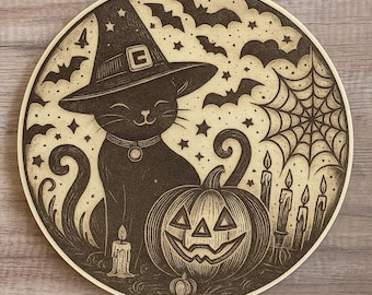 Spookachtig houten wanddecoratie – lasergegraveerde ontwerpen voor kat, spookhuis en pompoen