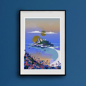 Impression Taormina Sicile | Impression artistique | Illustration de voyage | A4 A3 A2 | Affiche Décoration Murale Taormina Isola Bella Sicile Italie Île Été