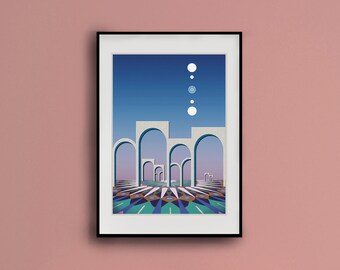 The Plateau Wall Print | Art Print | Surreal | Illustration | A4 A3 A2 | Poster | Wall Decor Moons | islamic architecture | minimalist boho