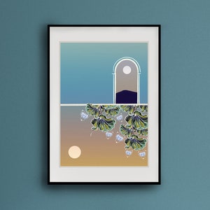 Könnte beinhalten: Ein gerahmter Druck mit einem minimalistischen Design, das einen blauen und braunen Farbverlaufshintergrund, einen weißen Torbogen und ein grünes Blumenmuster am unteren Rand zeigt. Der Torbogen hat einen weißen Kreis im Inneren, und das Blumenmuster hat weiße Blüten.