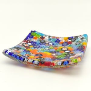 Plato de cristal de Murano, en millefiori y murrine, 8x8 cm, hecho a mano en Italia, vaciador de bolsillo de entrada, regalo de aniversario, arte en vidrio,