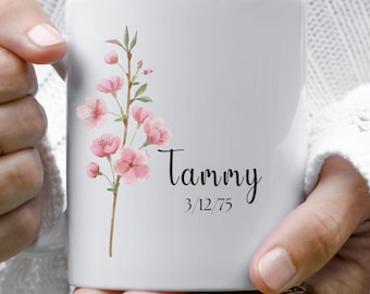 Personalized Birth Month Flower Mug, Custom Floral Coffee Cup, Gift for Mom, Tea Lover Mug, Birthday Gift for Her,Custom Name and Date