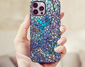 Floral Stained Glass Effect Tough Phone Case, Purple and Blue Flowers